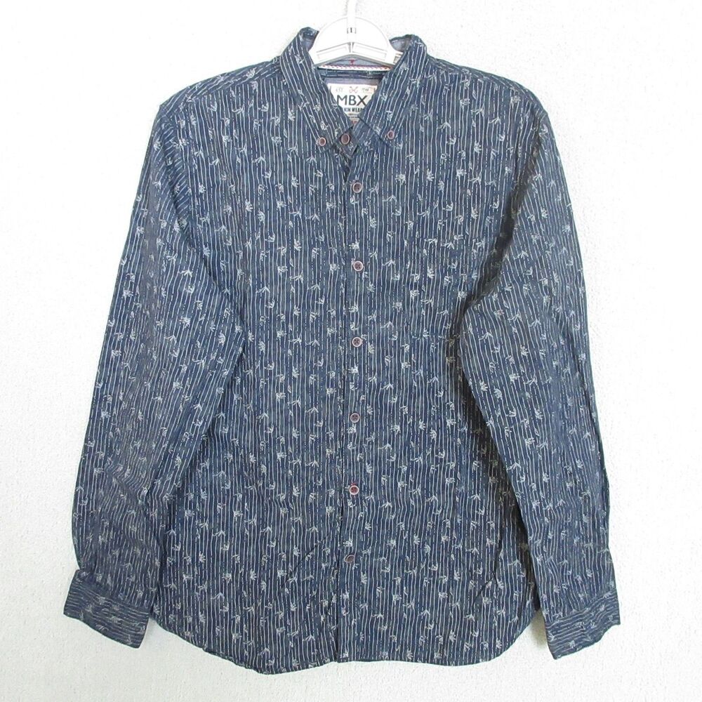 MBX Denim Wear Shirt Mens M Slim Fit Navy Printed Striped Long Sleeve Button Up